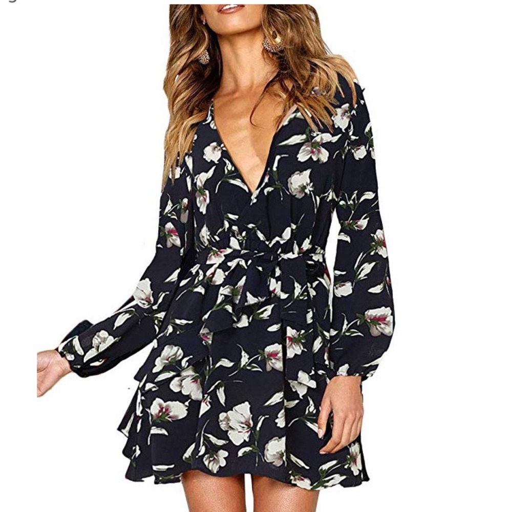 Long Sleeve V-Neck Belted Floral Print Swing Dress